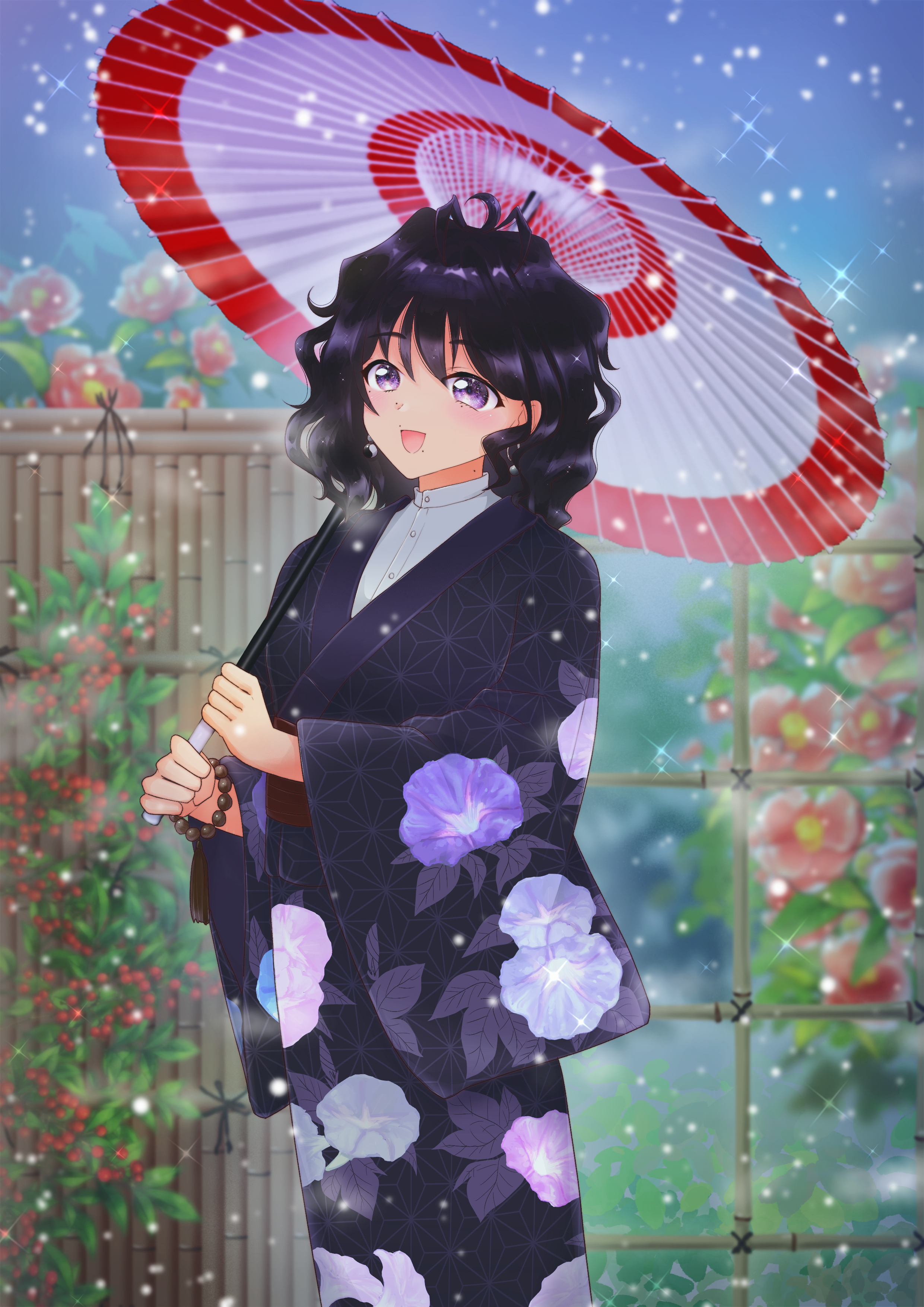 artwork of Yukie, holding a parasol in the snow against a backdrop of a fence with red camellia